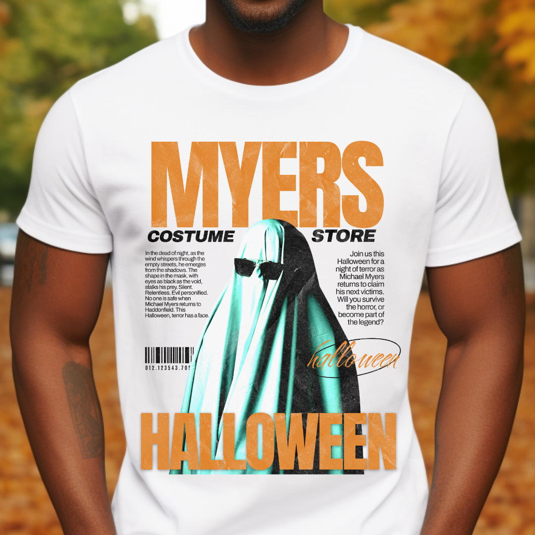 Halloween Myers design printed on soft cotton tee and sweatshirt, featuring holiday themed t-shirt