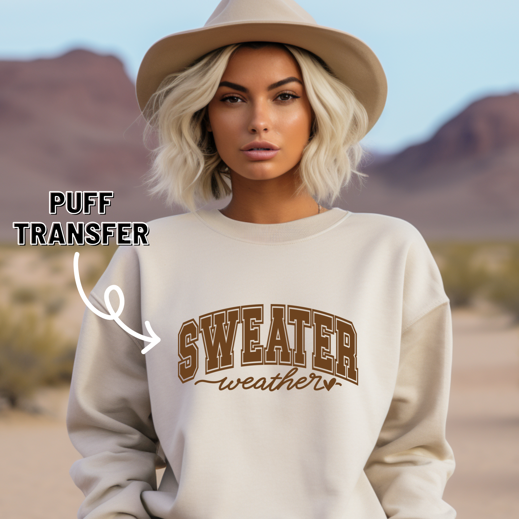 Sweater Weather Puff design printed on soft cotton tee and sweatshirt, featuring motivational graphic tee