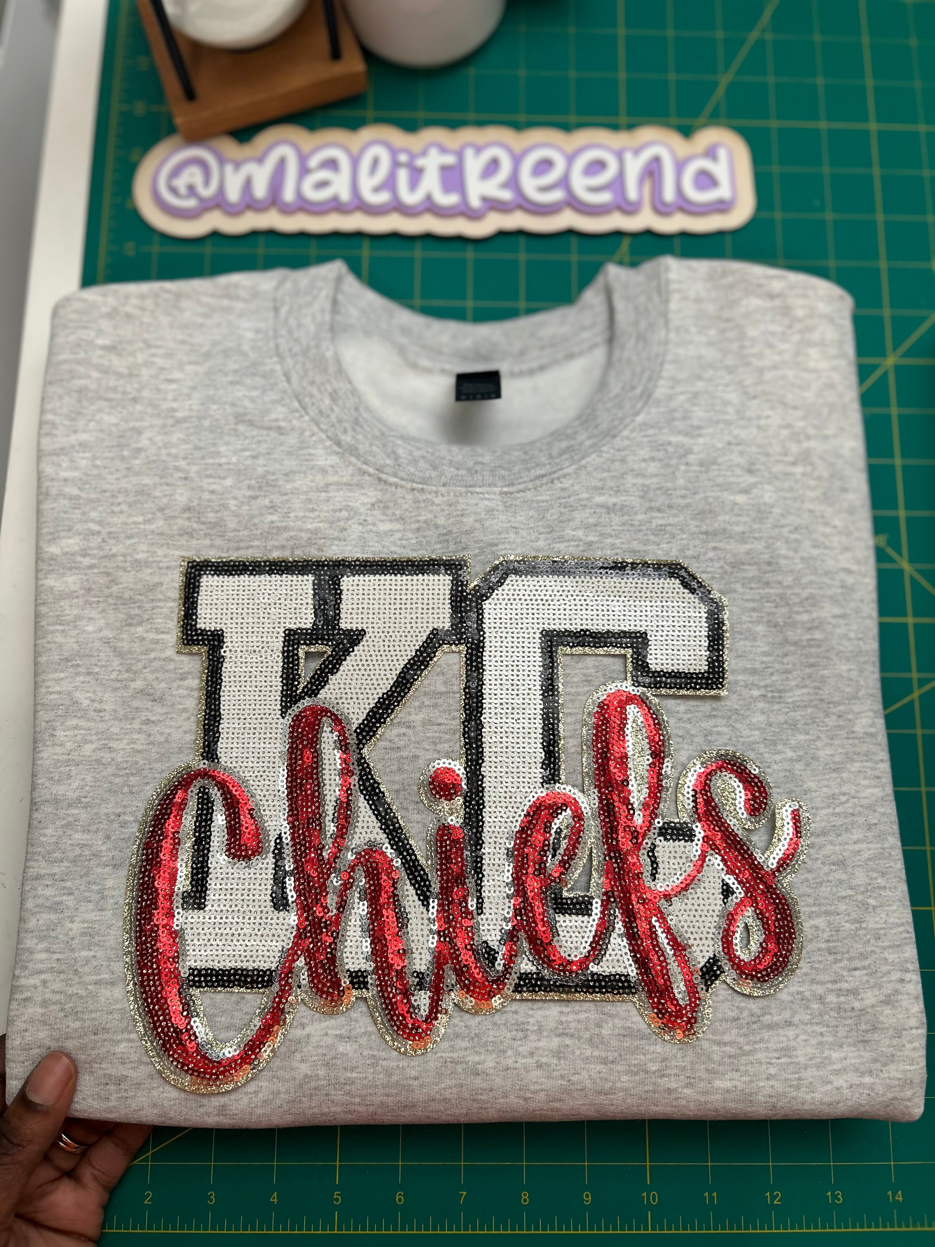 Custom Kansas City Chiefs chenille patch crewneck sweatshirt, front view