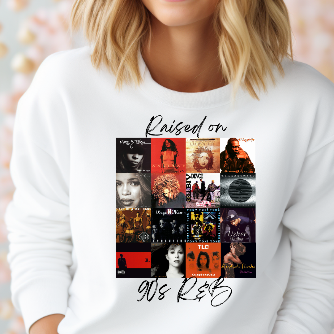 Raised On 90S R B design printed on soft cotton tee and sweatshirt, featuring motivational graphic tee