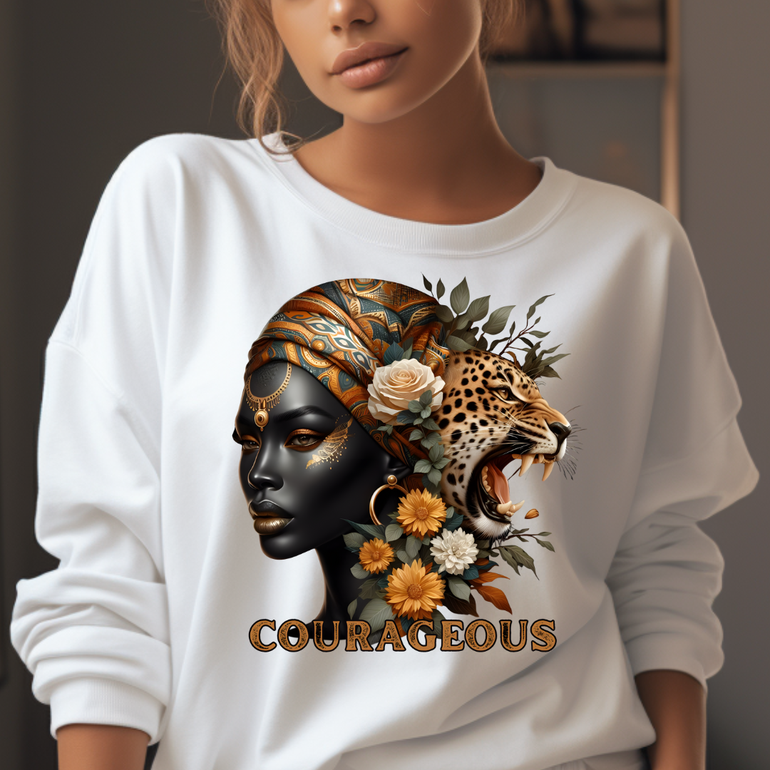 Courageous design printed on soft cotton tee and sweatshirt, featuring motivational graphic tee
