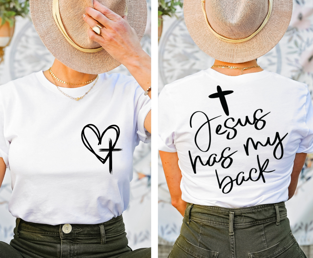 Jesus Has My Back Pocket Included design printed on soft cotton tee and sweatshirt, featuring Christian faith tee