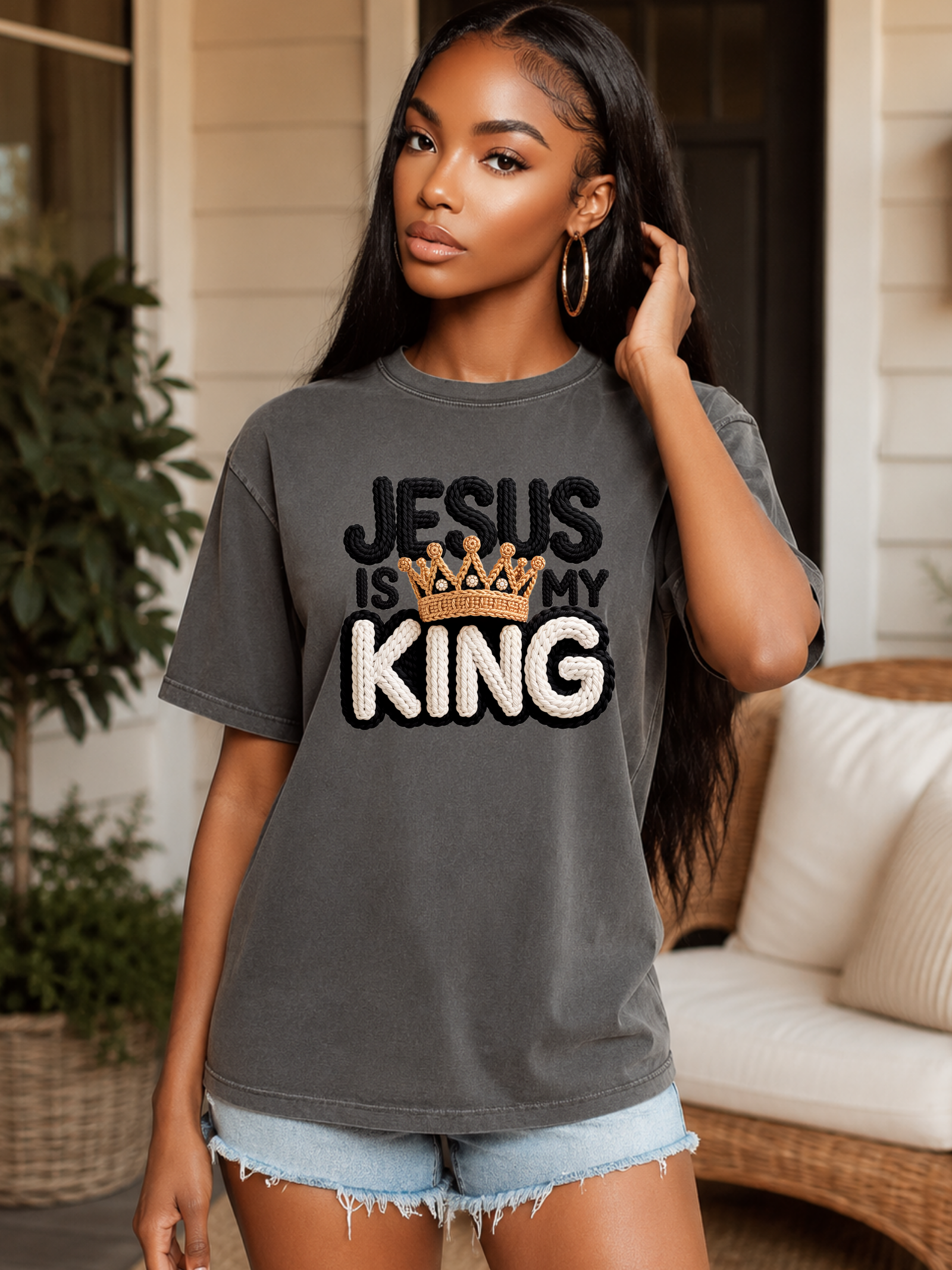 Jesus Is My King Faux Crochet Faith Graphic Tee with Crown Detail – Christian Inspirational Shirt – Modern Religious Apparel
