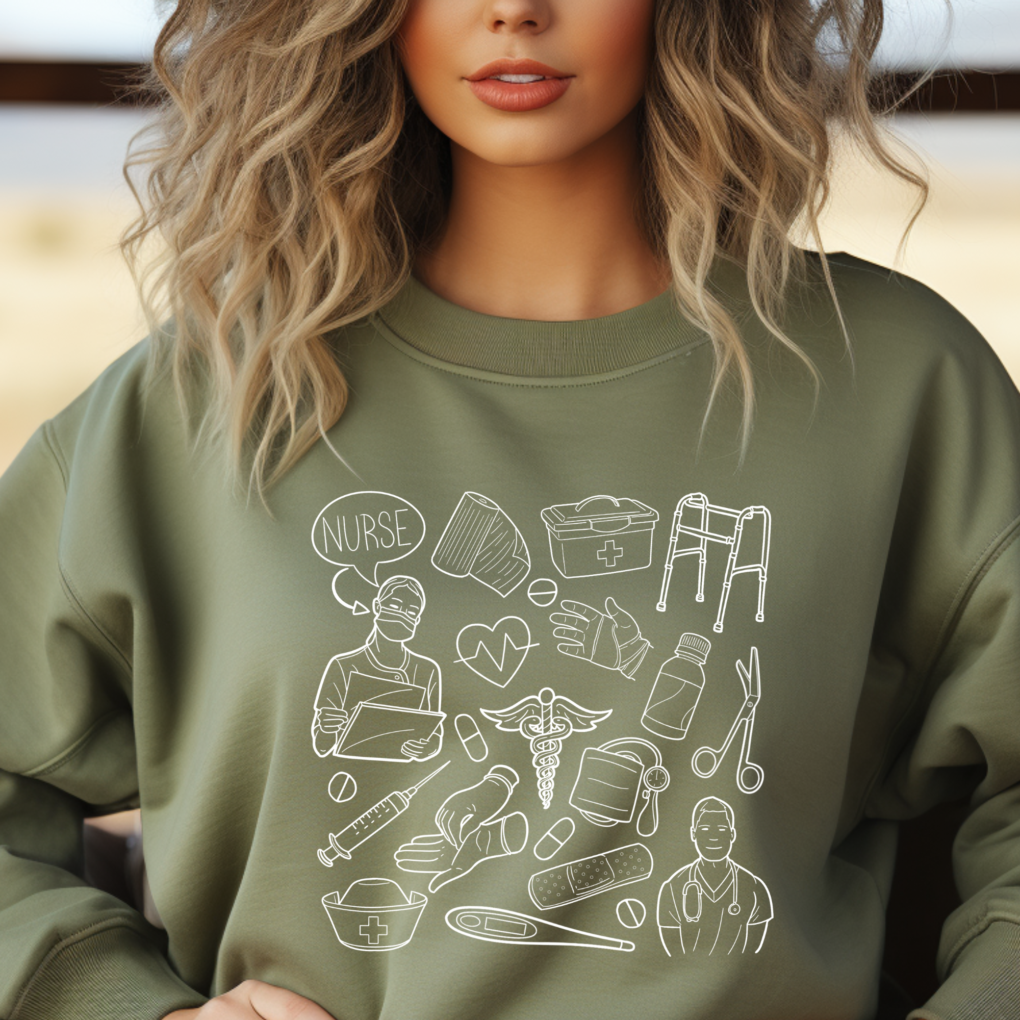 Nurse Doodle design printed on soft cotton tee and sweatshirt, featuring motivational graphic tee