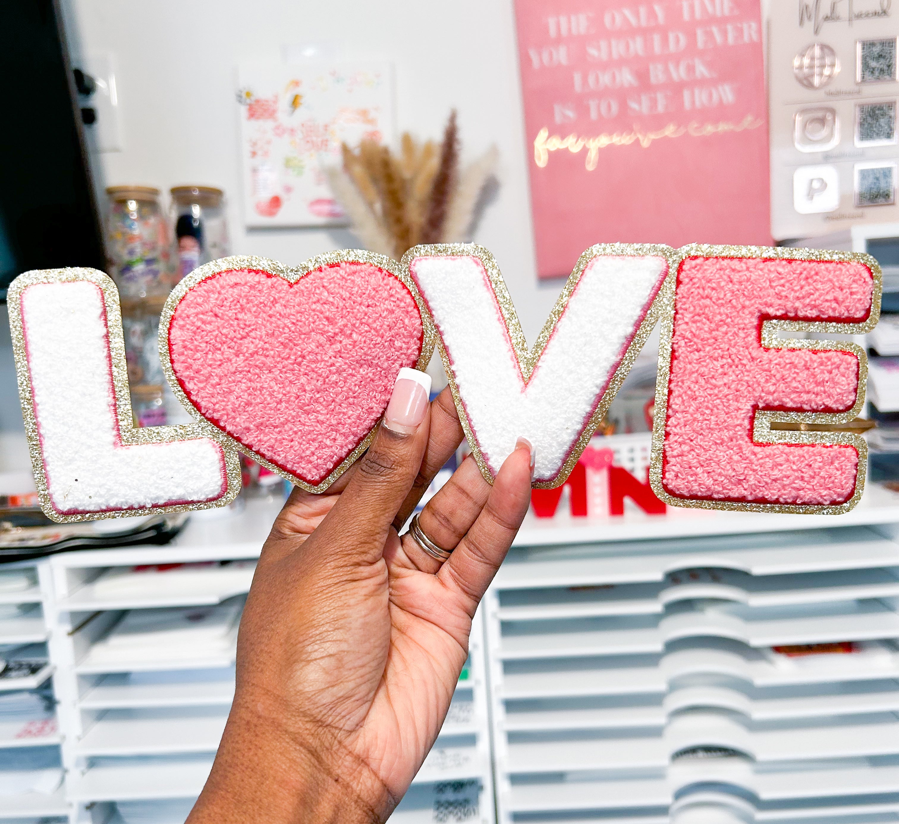 Love -White/Pink Chenille IRON-ON Patch