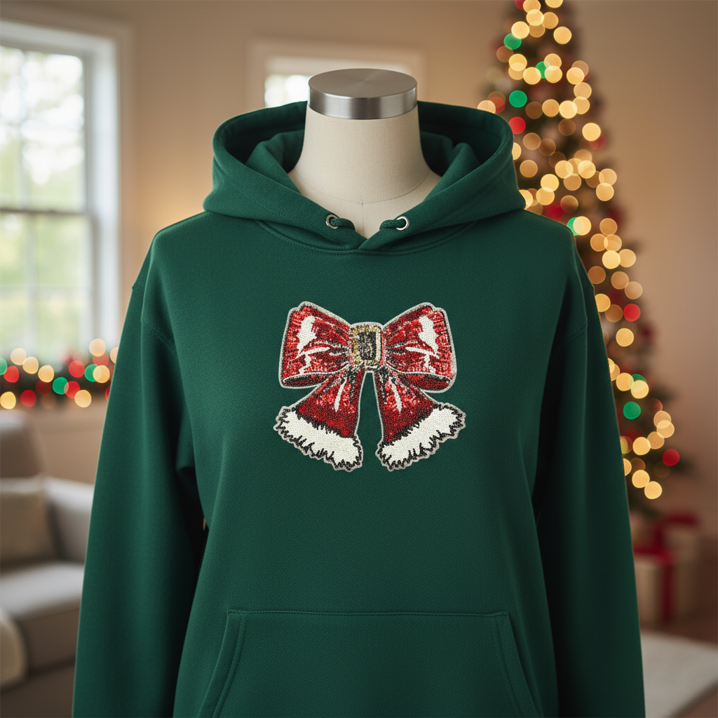 Christmas Bow Patch on Front of Green Hoodie