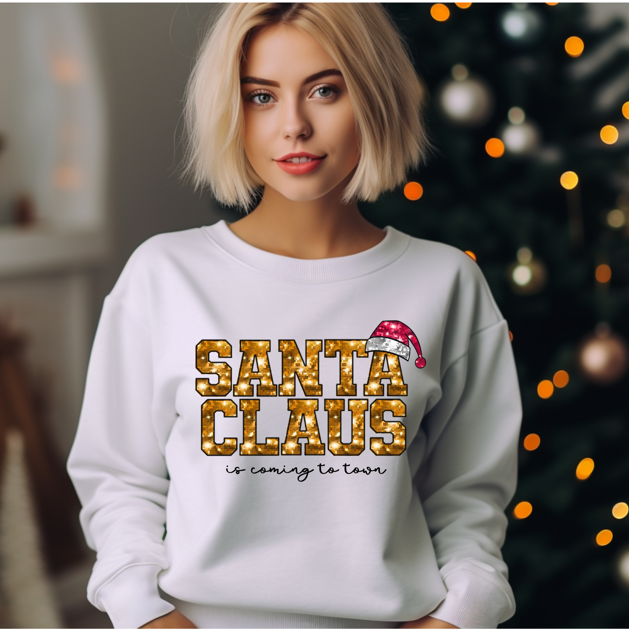 Santa Claus Is Coming design printed on soft cotton tee and sweatshirt, featuring motivational graphic tee
