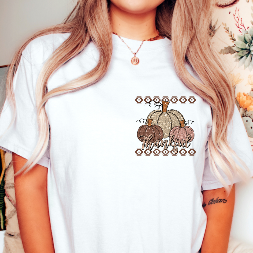 Thankful design printed on soft cotton tee and sweatshirt, featuring motivational graphic tee