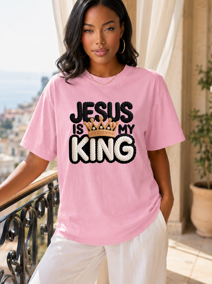 Jesus Is My King Faux Crochet Faith Graphic Tee with Crown Detail – Christian Inspirational Shirt – Modern Religious Apparel