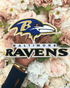Baltimore Ravens logo with a hand holding it against a floral background