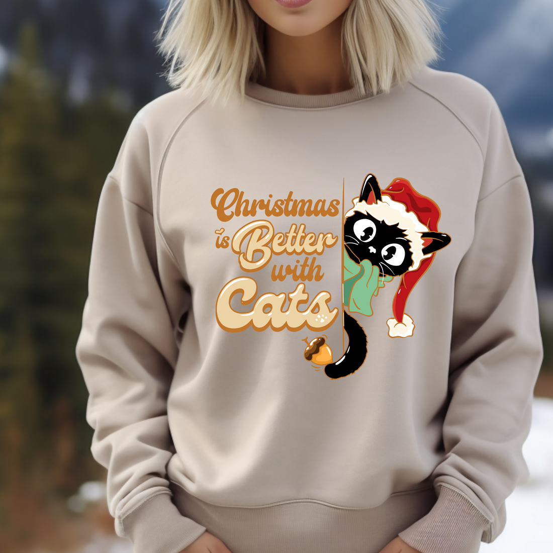 Christmas Is Better With Cats design printed on soft cotton tee and sweatshirt, featuring holiday themed t-shirt