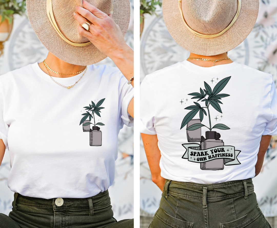 Spark Your Own Happiness design printed on soft cotton tee and sweatshirt, featuring motivational graphic tee