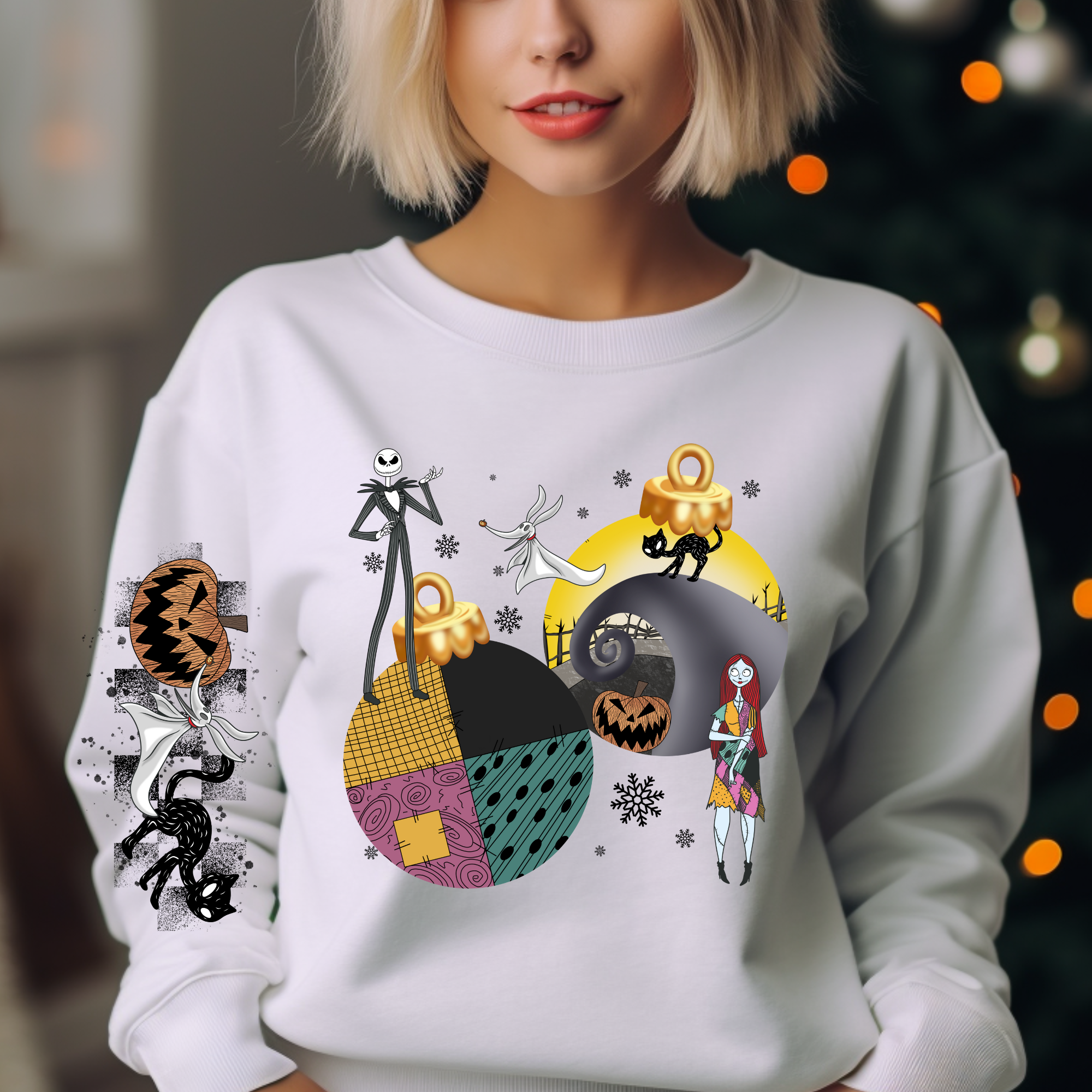 Nightmare Before Christmas design printed on soft cotton tee and sweatshirt, featuring holiday themed t-shirt