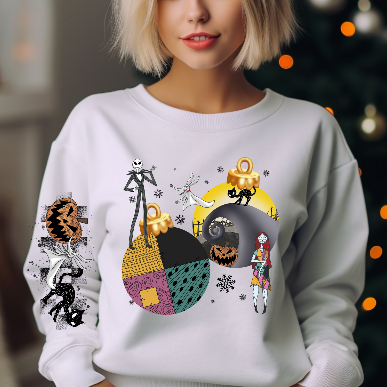 Nightmare Before Christmas design printed on soft cotton tee and sweatshirt, featuring holiday themed t-shirt