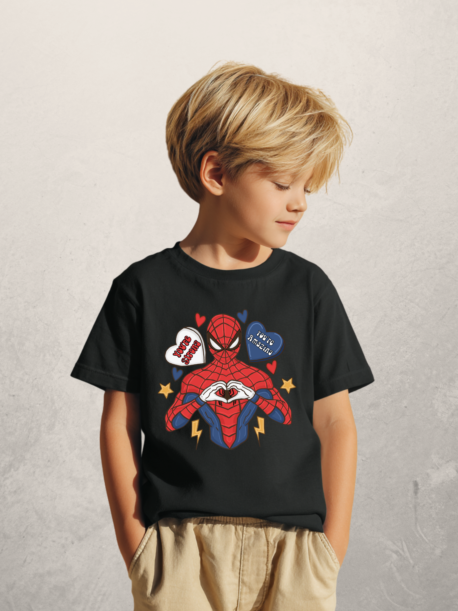 Blue Spidey Valentine boys t-shirt with heart design - toddler and youth sizes
