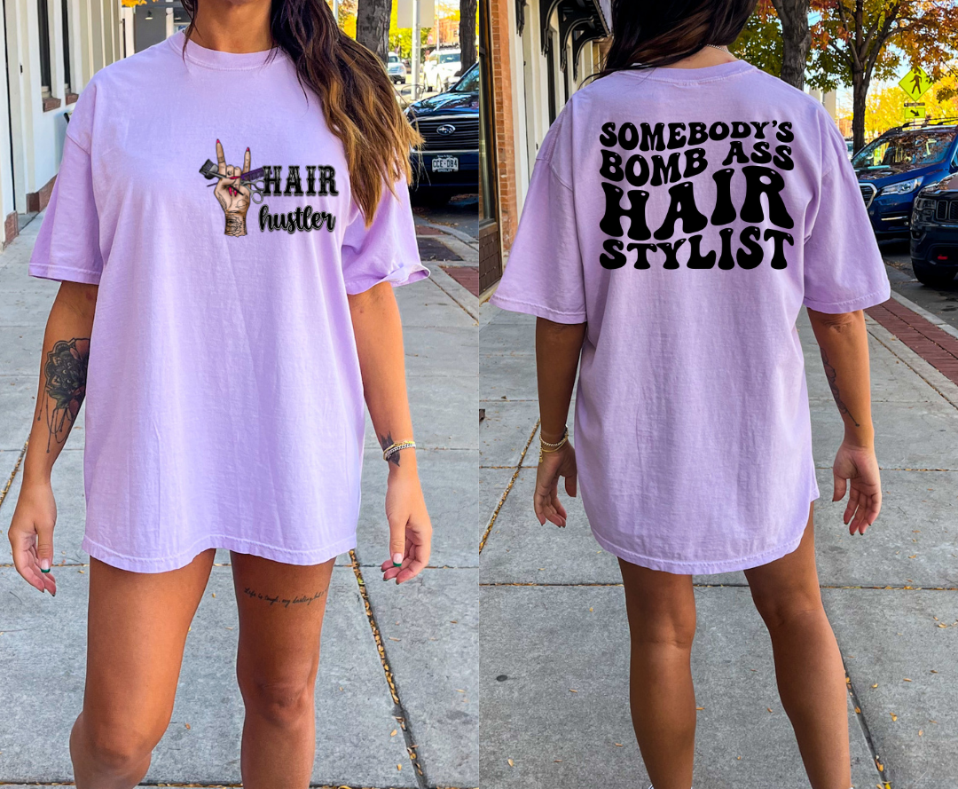 Hair Hustler design printed on soft cotton tee and sweatshirt, featuring motivational graphic tee