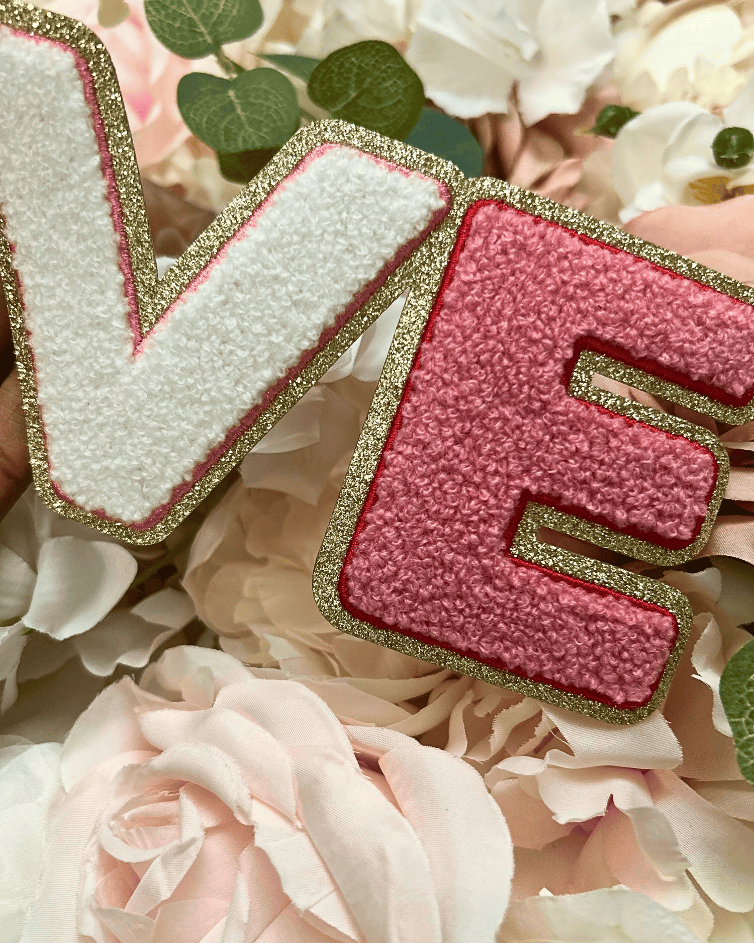 Pink &amp; White Love Letter Chenille Patch - PATCH ONLY - 10.5&quot; Iron On Applique
