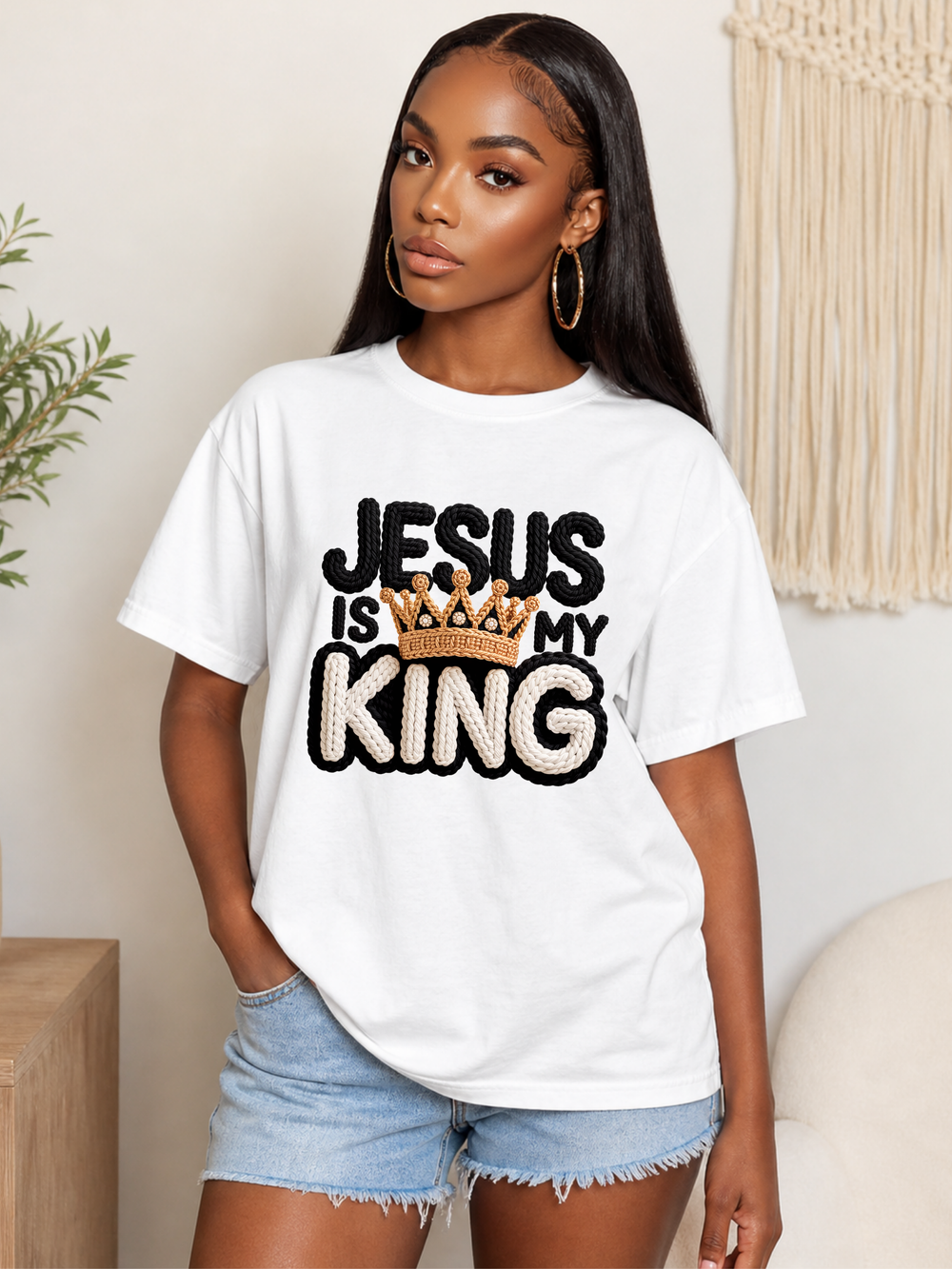 Jesus Is My King Faux Crochet Faith Graphic Tee with Crown Detail – Christian Inspirational Shirt – Modern Religious Apparel