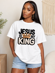 Jesus Is My King Faux Crochet Faith Graphic Tee with Crown Detail – Christian Inspirational Shirt – Modern Religious Apparel