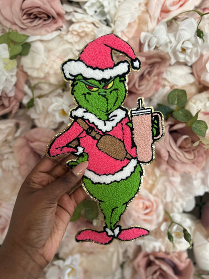 Grinchy Christmas chenille patch with pink Santa outfit and coffee cup
