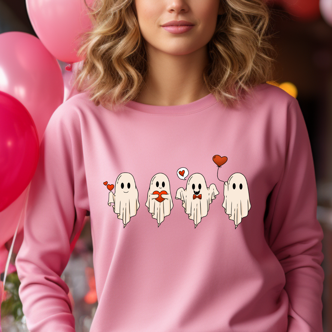 Valentine Ghost design printed on soft cotton tee and sweatshirt, featuring holiday themed t-shirt