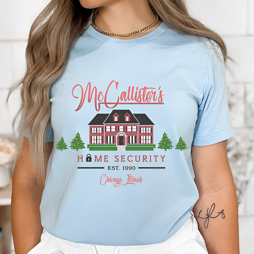 Mccalister Home Security Home Alone design printed on soft cotton tee and sweatshirt, featuring motivational graphic tee