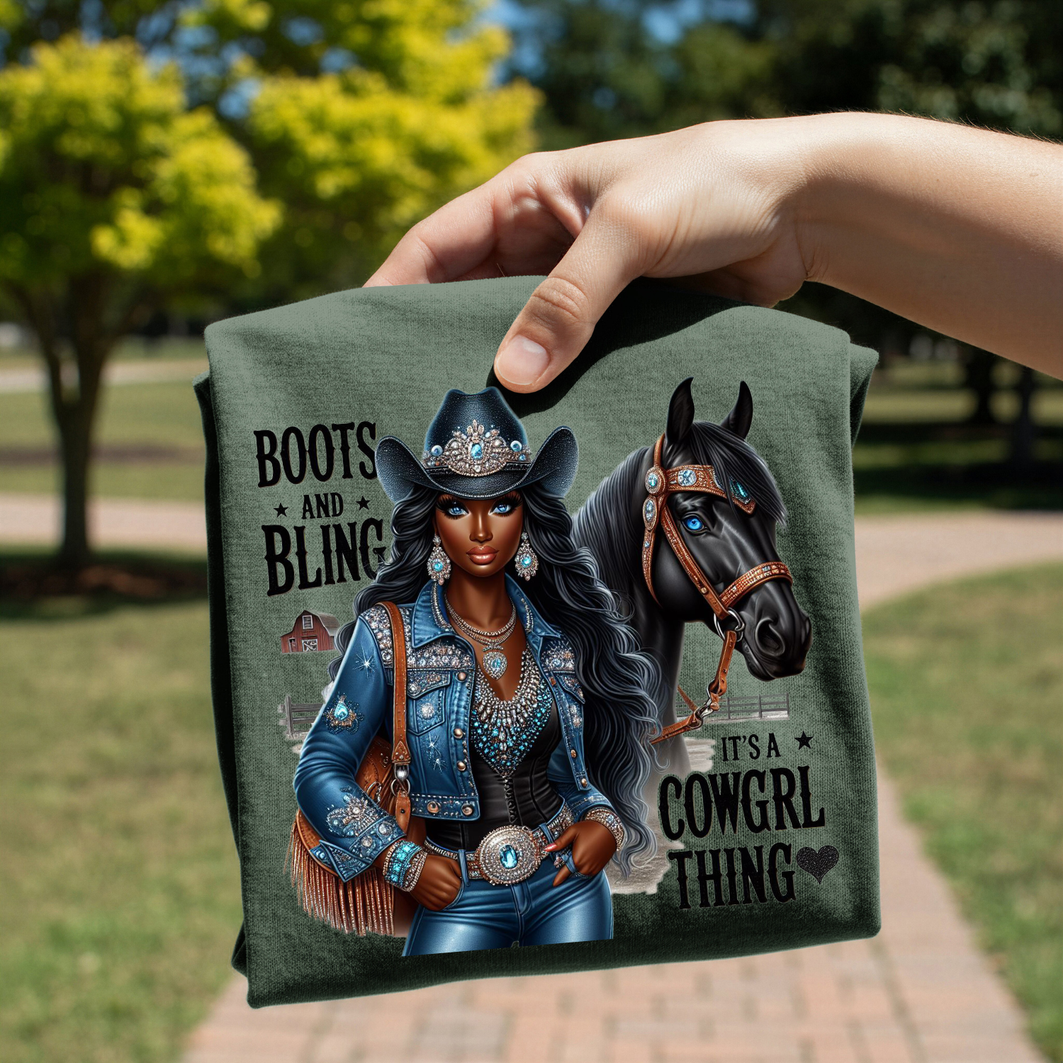 Boots And Bling Cowgirl design on shirt