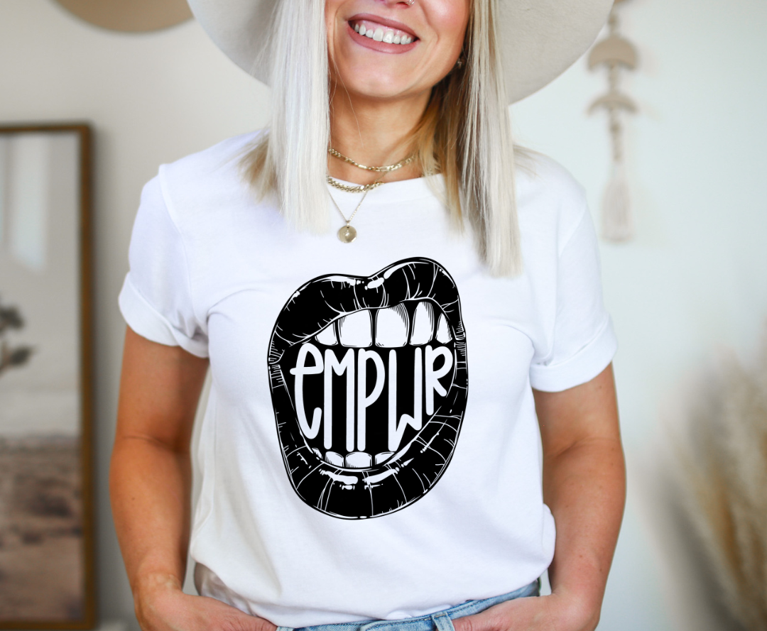 Empwr design printed on soft cotton tee and sweatshirt, featuring motivational graphic tee