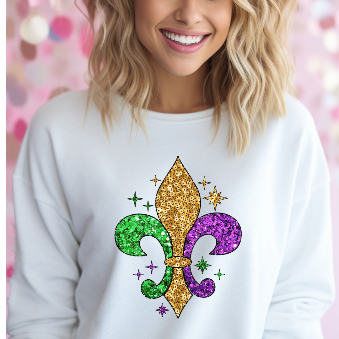 Mardi Gras Symbol Scrteen Print design printed on soft cotton tee and sweatshirt, featuring motivational graphic tee