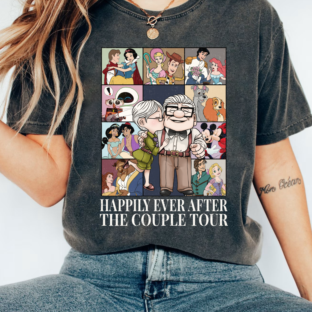Happily Tour design printed on soft cotton tee and sweatshirt, featuring motivational graphic tee