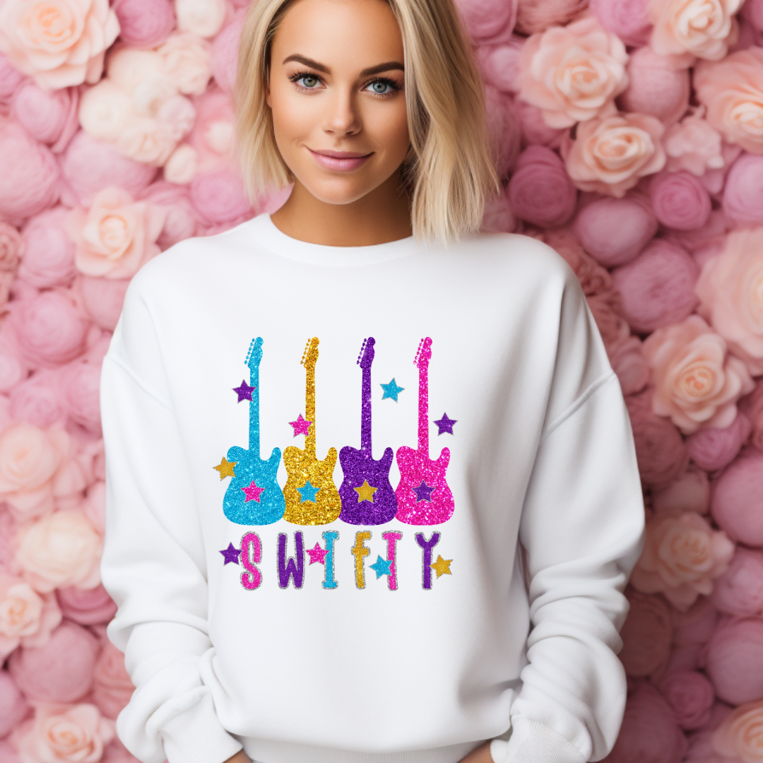 Faux Glitter Guittar design printed on soft cotton tee and sweatshirt, featuring motivational graphic tee
