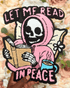 Patch with a skeleton in a pink hood reading a book and holding a coffee cup, with text &