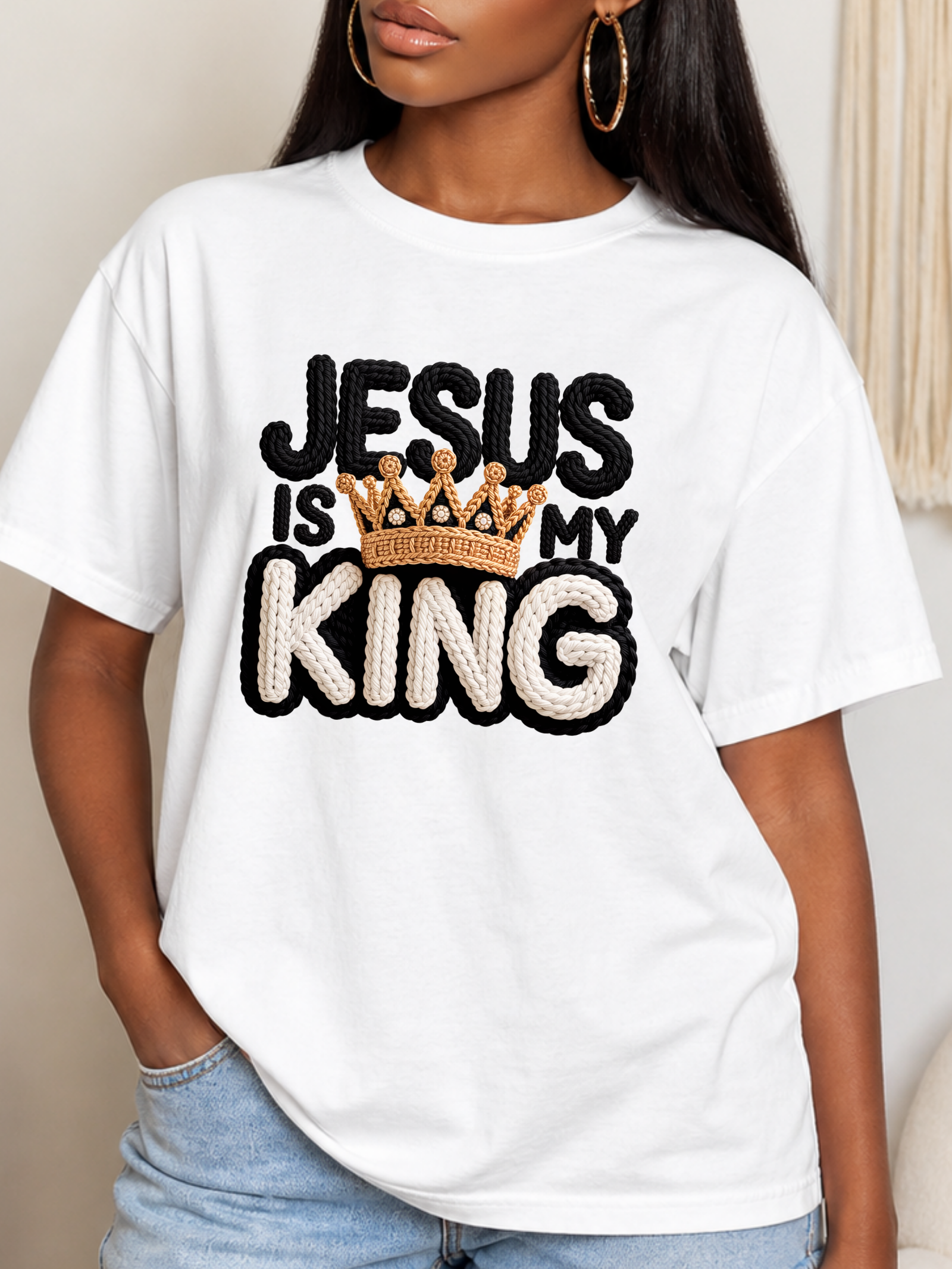 Jesus Is My King Faux Crochet Faith Graphic Tee with Crown Detail – Christian Inspirational Shirt – Modern Religious Apparel