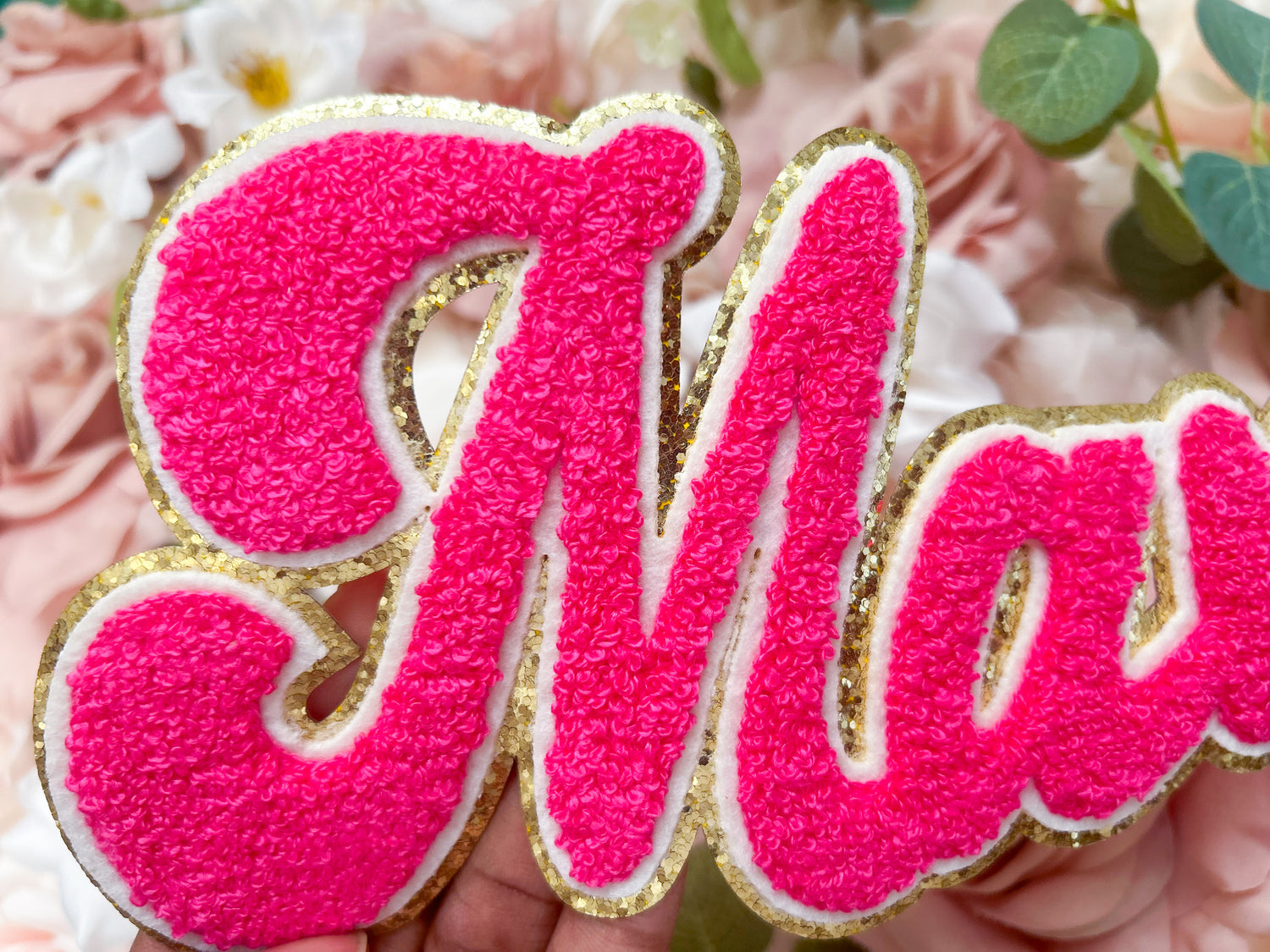 Pink Mama Color Chenille Patch-Iron On Applique with Heat Activated Backing