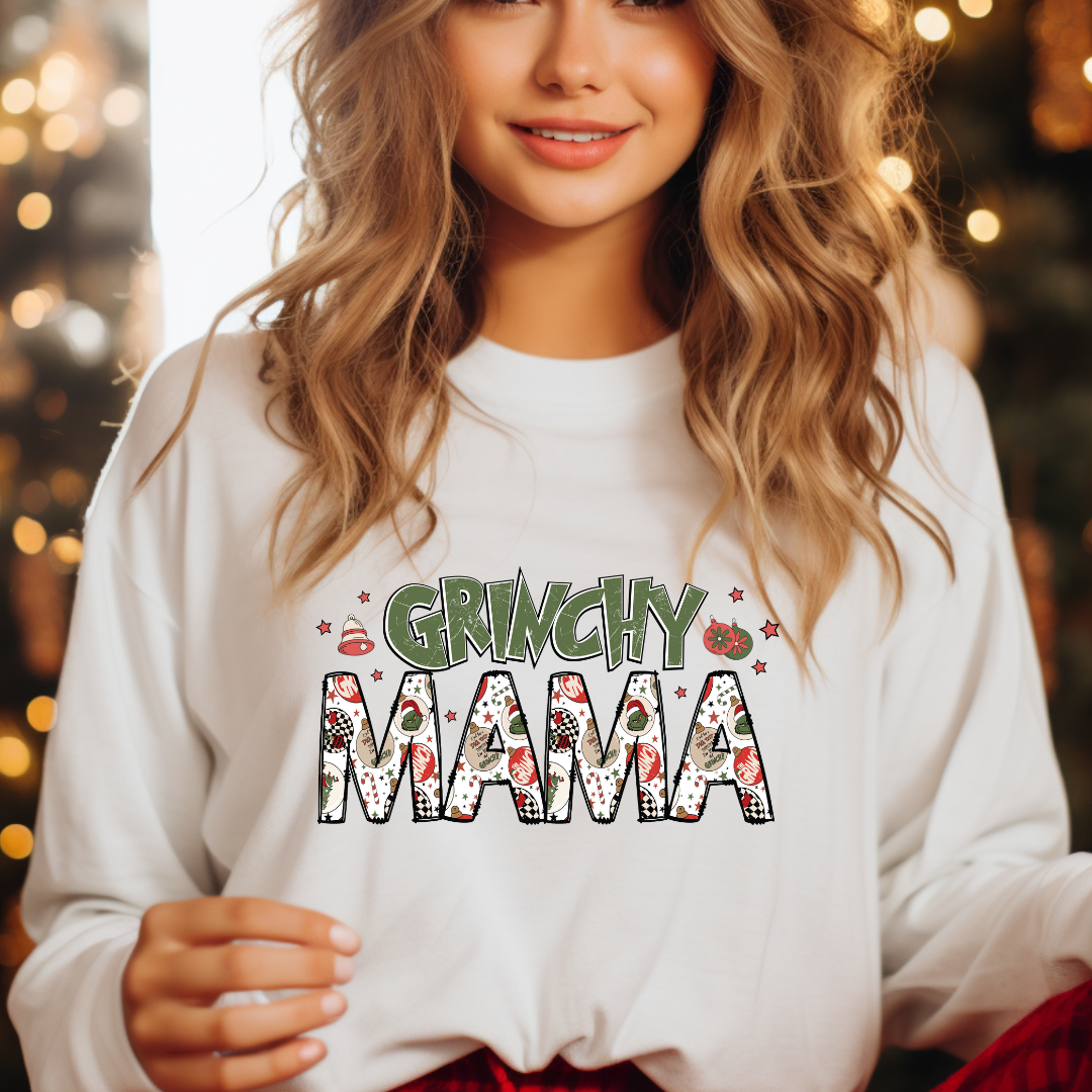 Grinchy Mama design printed on soft cotton tee and sweatshirt, featuring funny mom life tee