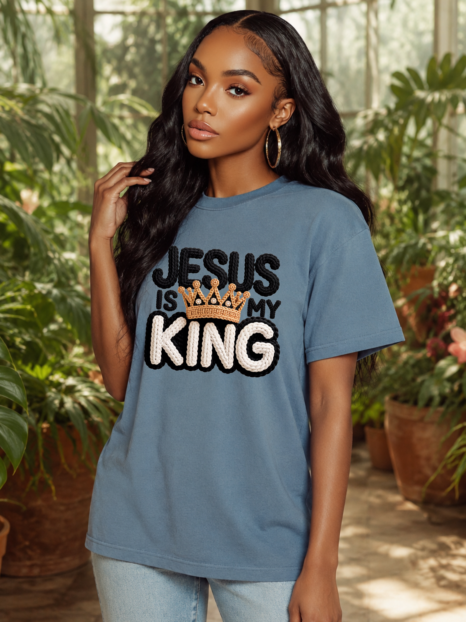 Jesus Is My King Faux Crochet Faith Graphic Tee with Crown Detail – Christian Inspirational Shirt – Modern Religious Apparel