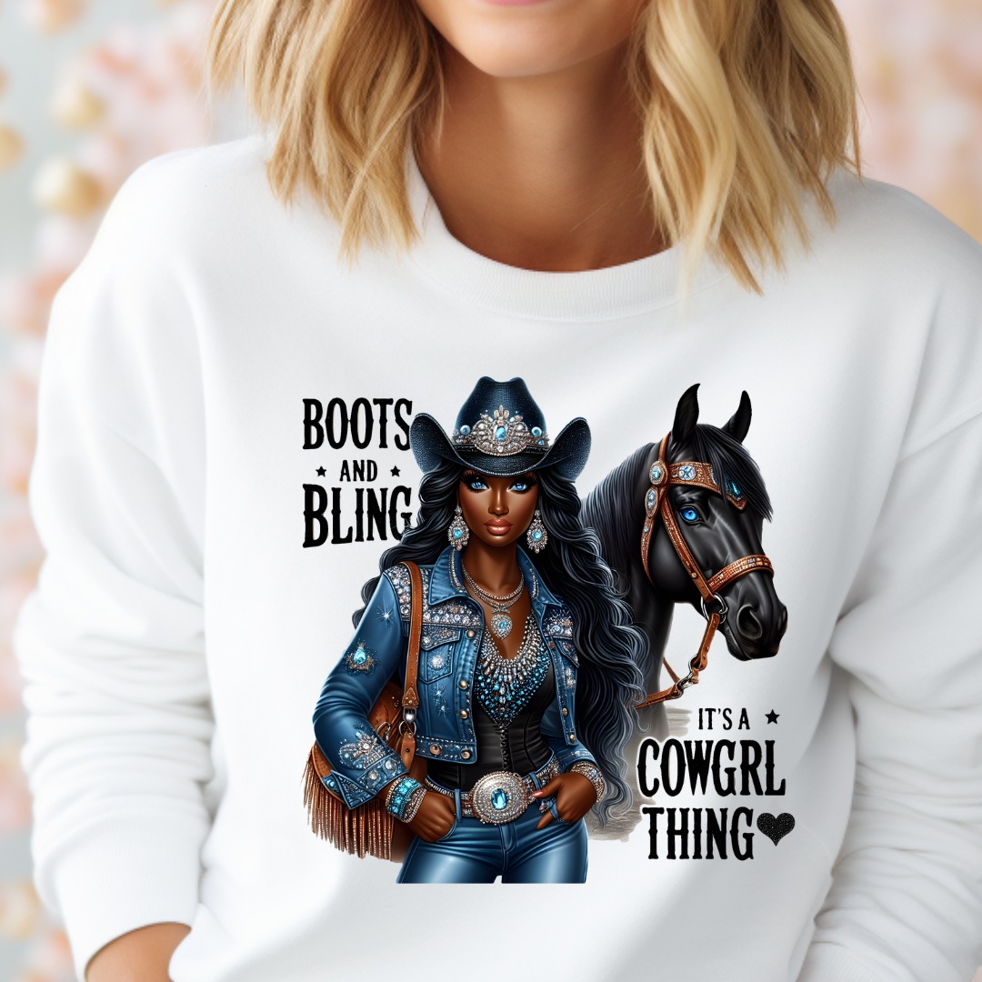 Boots Bling Cowgirl Dark Skin design printed on soft cotton tee and sweatshirt, featuring motivational graphic tee