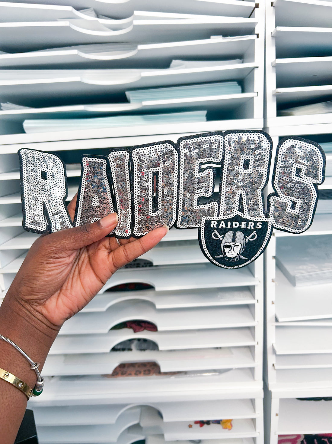 Raiders Chenille Patch | Large Sparkle Letter Patch with Sequin Details | DIY Jacket, Bag, or Fan Apparel