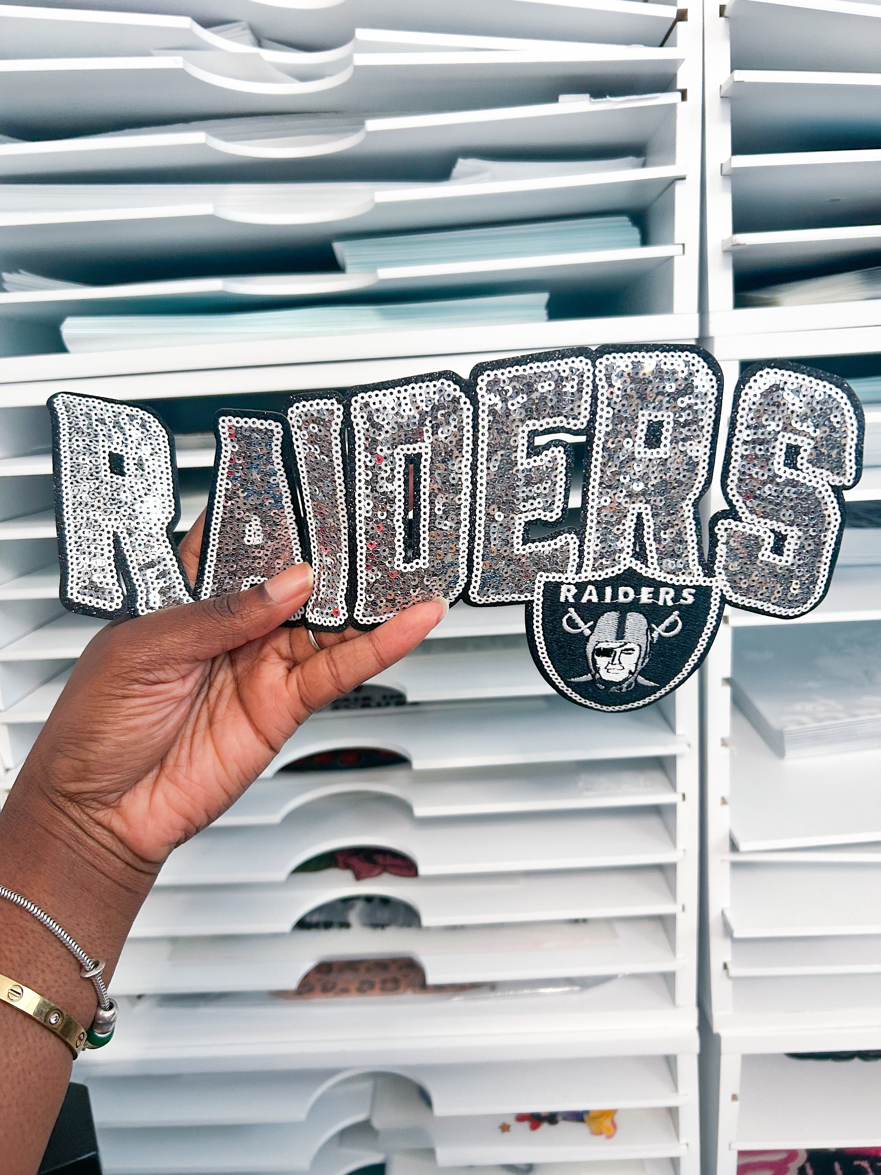 Raiders Chenille Patch | Large Sparkle Letter Patch with Sequin Details | DIY Jacket, Bag, or Fan Apparel