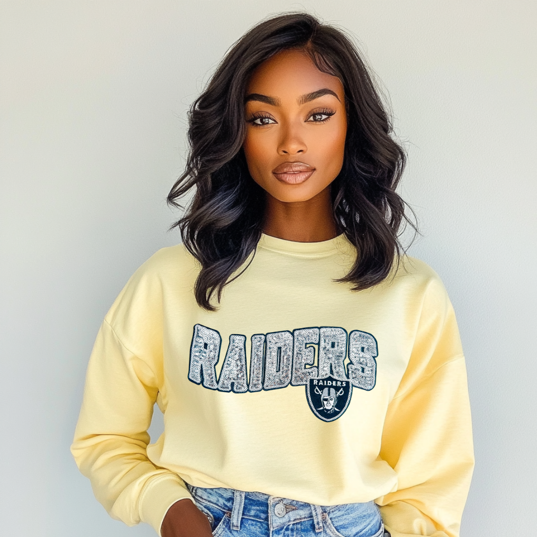 Raiders Chenille Patch | Large Sparkle Letter Patch with Sequin Details | DIY Jacket, Bag, or Fan Apparel