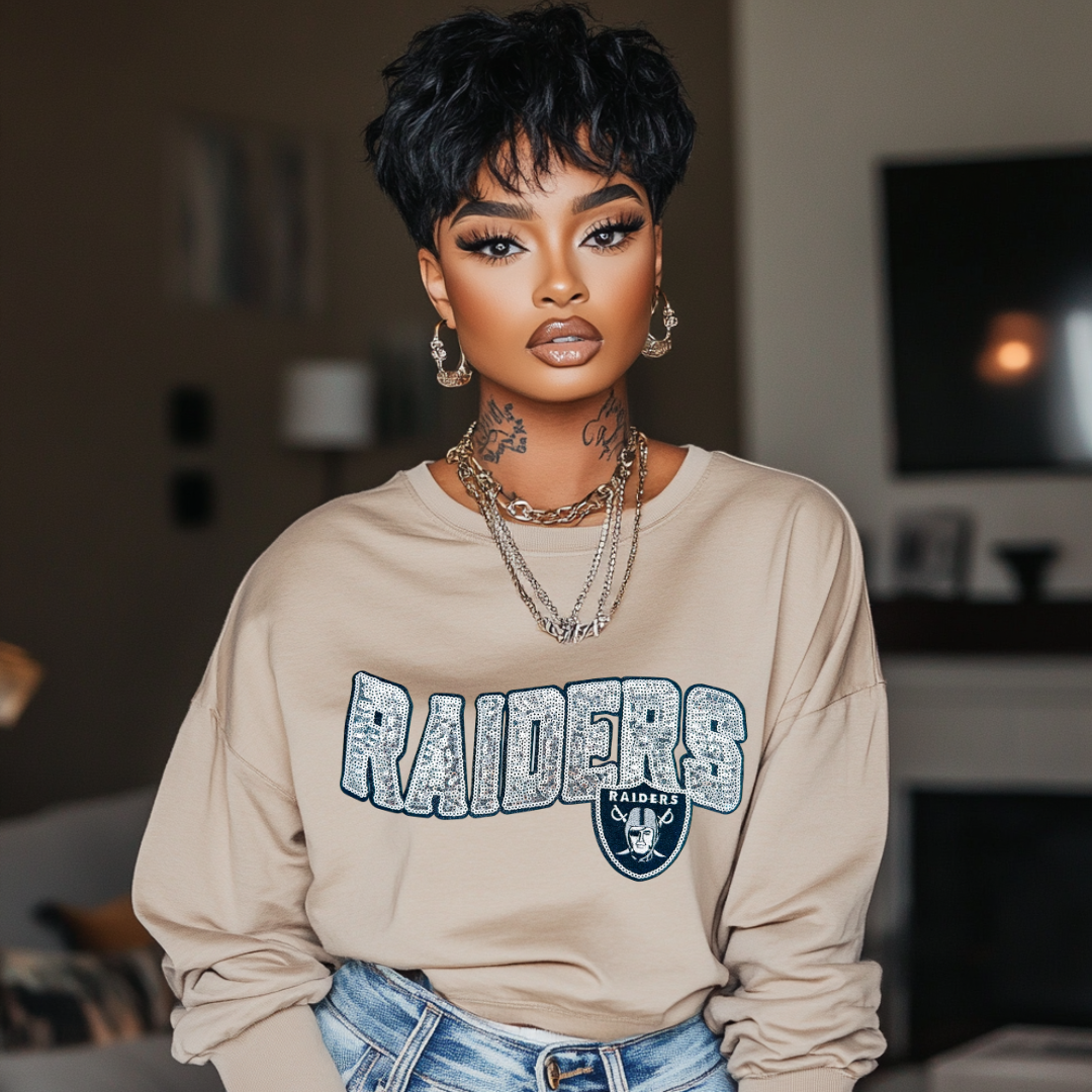Raiders Chenille Patch | Large Sparkle Letter Patch with Sequin Details | DIY Jacket, Bag, or Fan Apparel