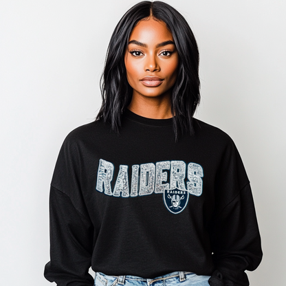 Raiders Chenille Patch | Large Sparkle Letter Patch with Sequin Details | DIY Jacket, Bag, or Fan Apparel
