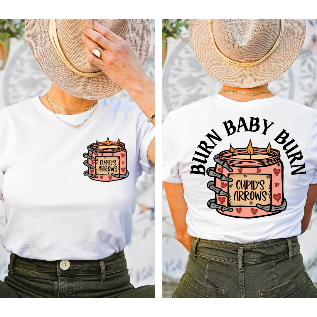 Burn Baby design printed on soft cotton tee and sweatshirt, featuring motivational graphic tee