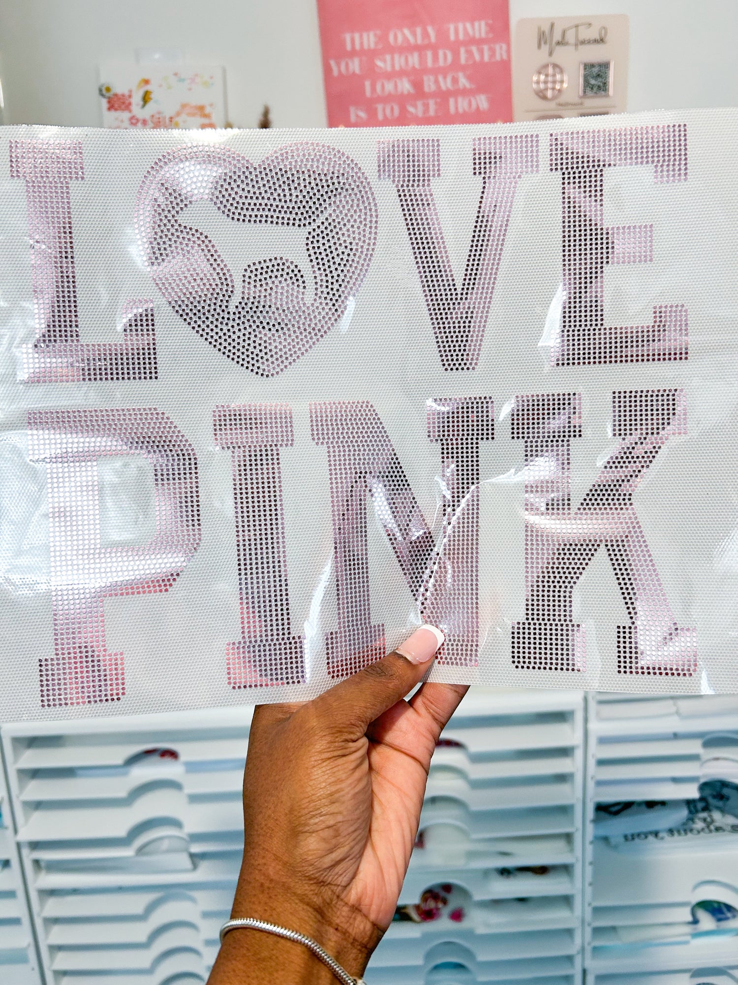 Victoria Pink Spangle design printed on soft cotton tee and sweatshirt, featuring motivational graphic tee