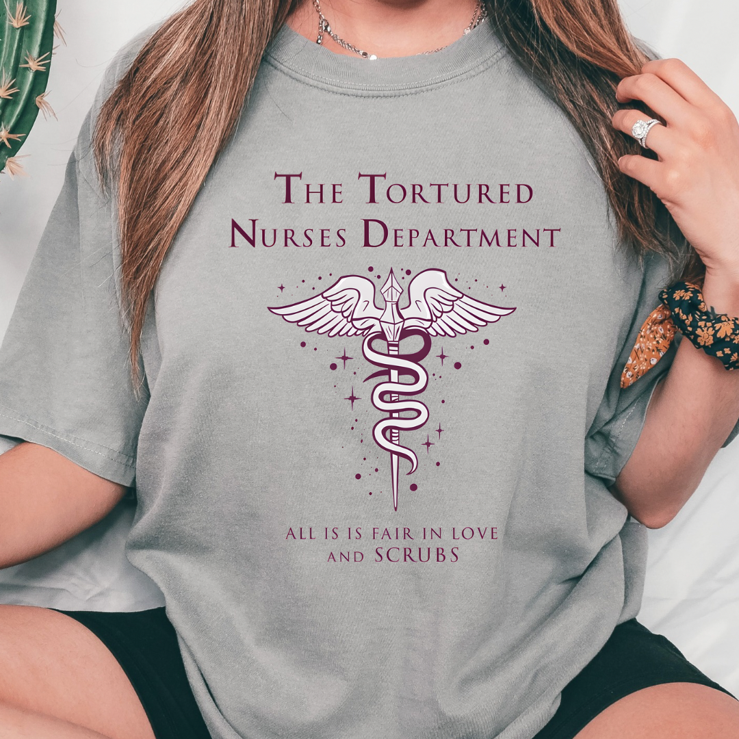 Tortured Nurse Department design printed on soft cotton tee and sweatshirt, featuring motivational graphic tee