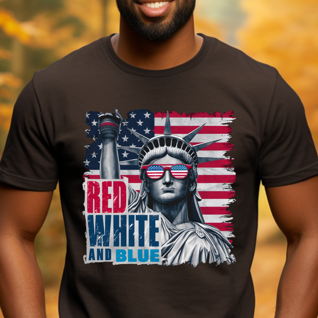 Red White Blue design printed on soft cotton tee and sweatshirt, featuring motivational graphic tee