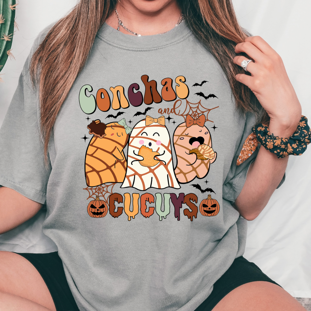 Concha S Halloween design printed on soft cotton tee and sweatshirt, featuring holiday themed t-shirt