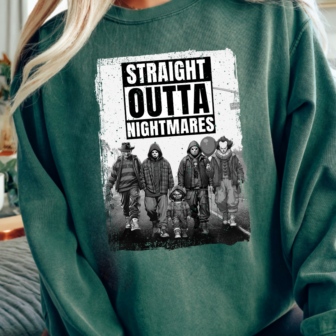 Straight Out Of Nightmares design printed on soft cotton tee and sweatshirt, featuring motivational graphic tee