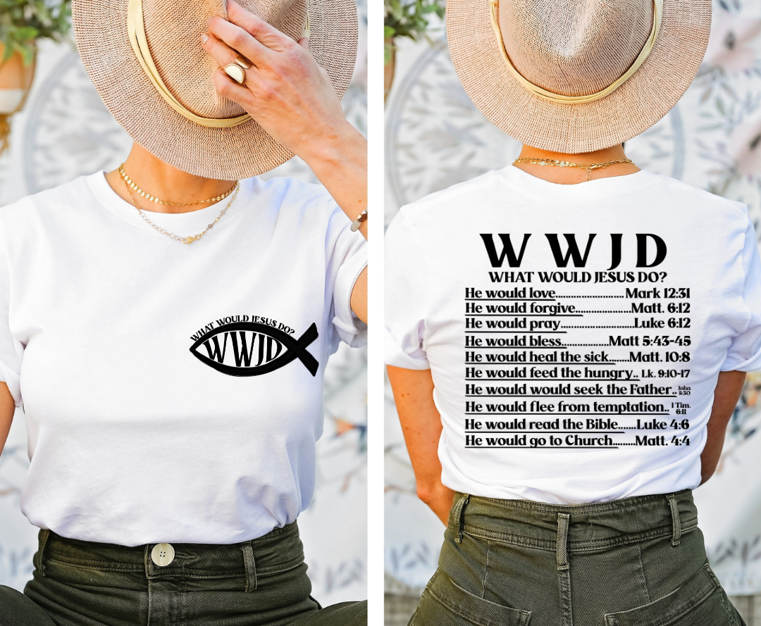 What Would Jesus Do design printed on soft cotton tee and sweatshirt, featuring Christian faith tee