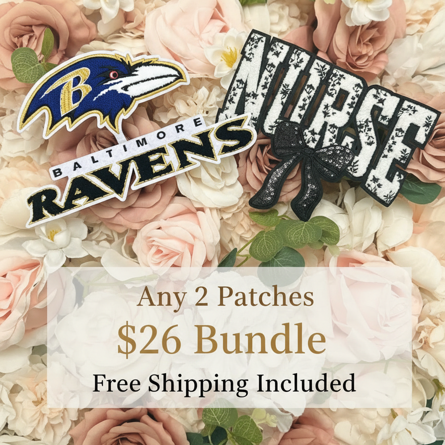 Baltimore Ravens patches on a floral background with text about a bundle offer.